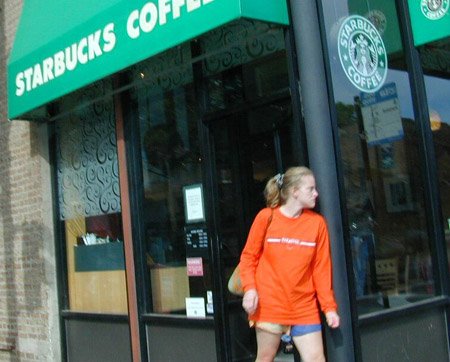 A Member exiting the Starbucks at North Halsted, mid-circuit