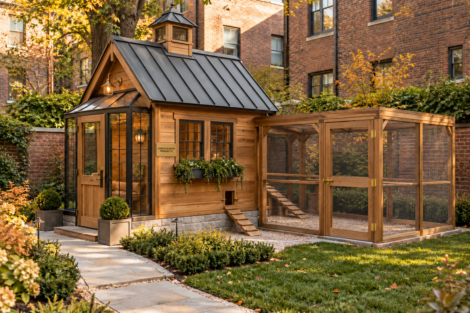 The Carriage House: a cedar chicken coop with a standing-seam roof, brass Fremont Street plaque and chicken-sized doors.