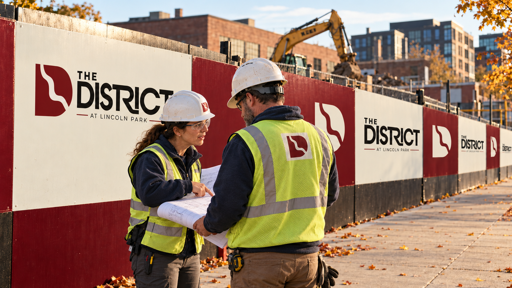 District construction-fence identity study with a visitor reviewing the project