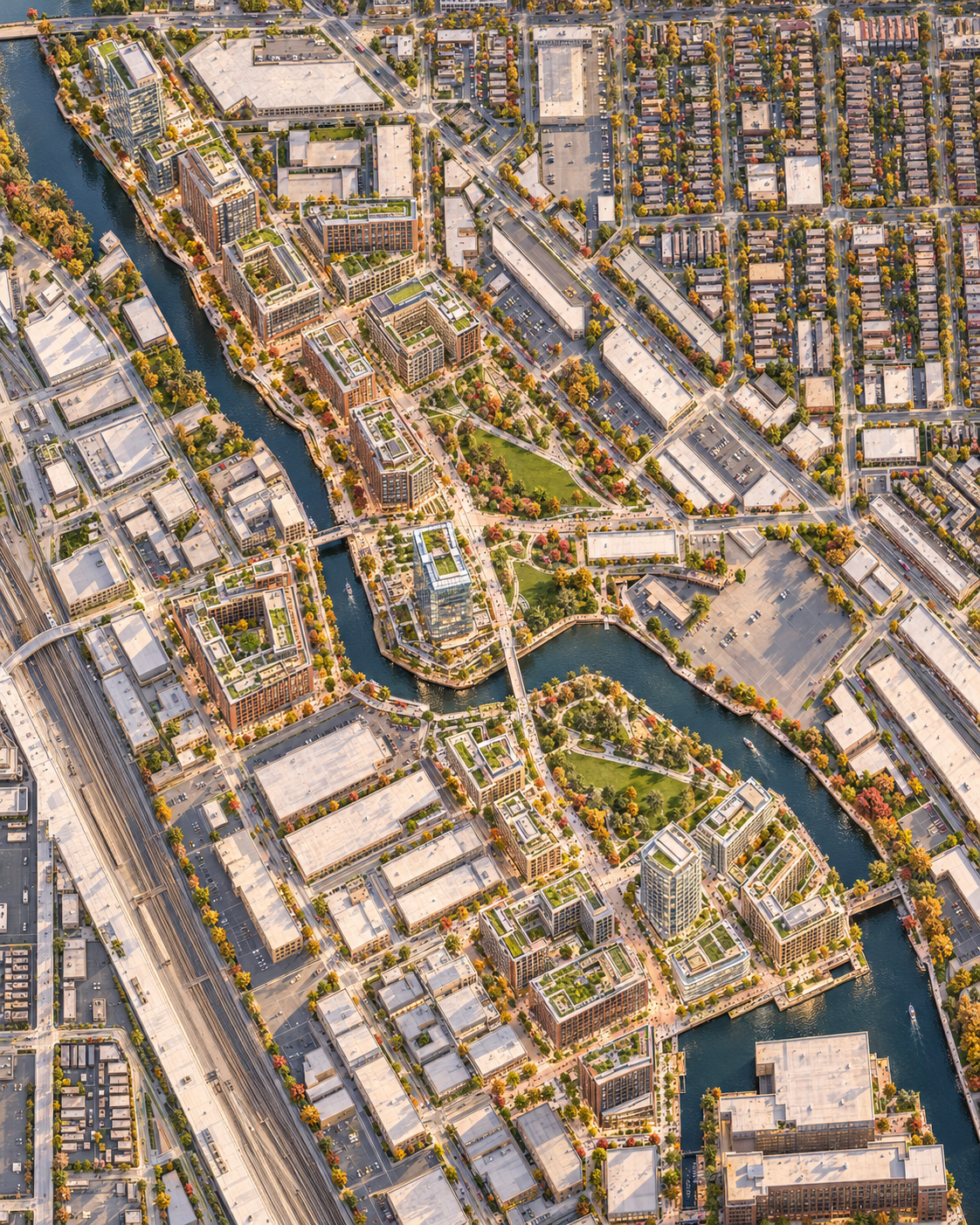 The approved dimensional District masterplan study showing a connected riverfront neighborhood