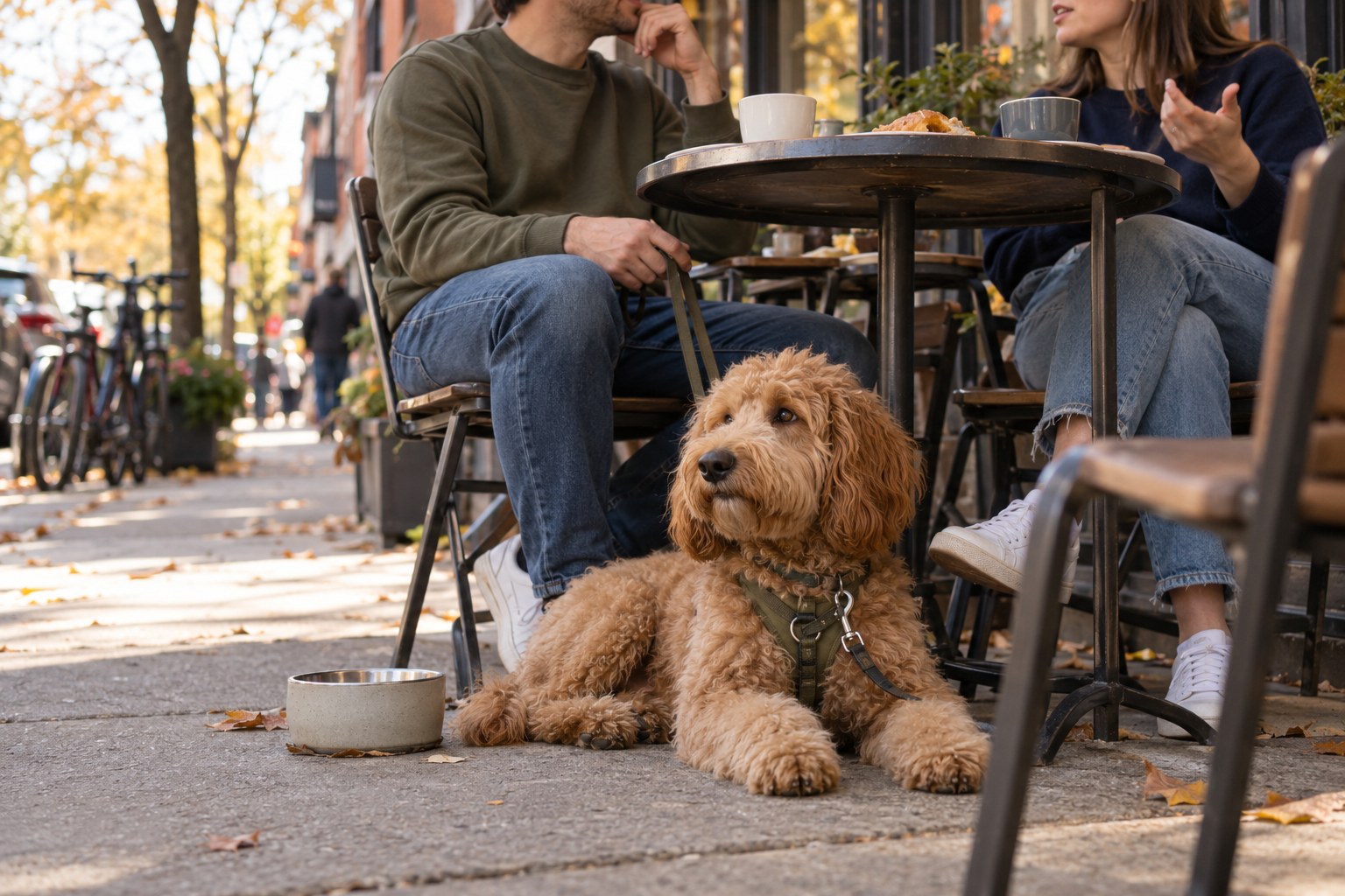 An apricot doodle rests beside a water bowl beneath a sidewalk cafe table while two people in sweatshirts have coffee.