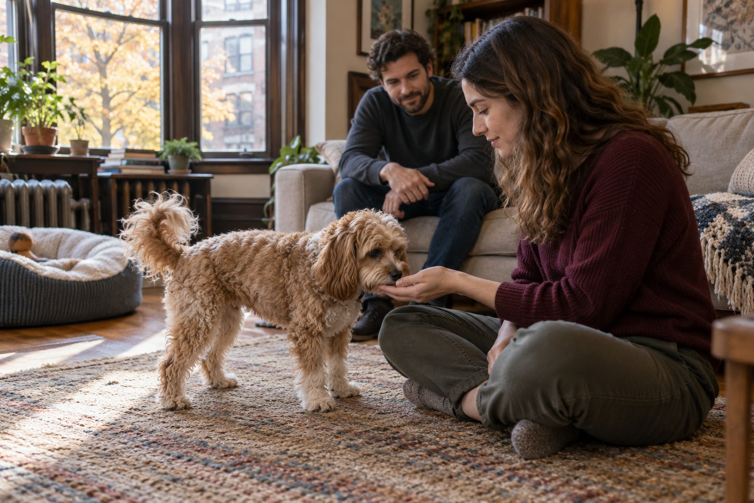 A woman sitting on a living-room rug offers her hand to a small curly-coated dog while her partner watches from the sofa.