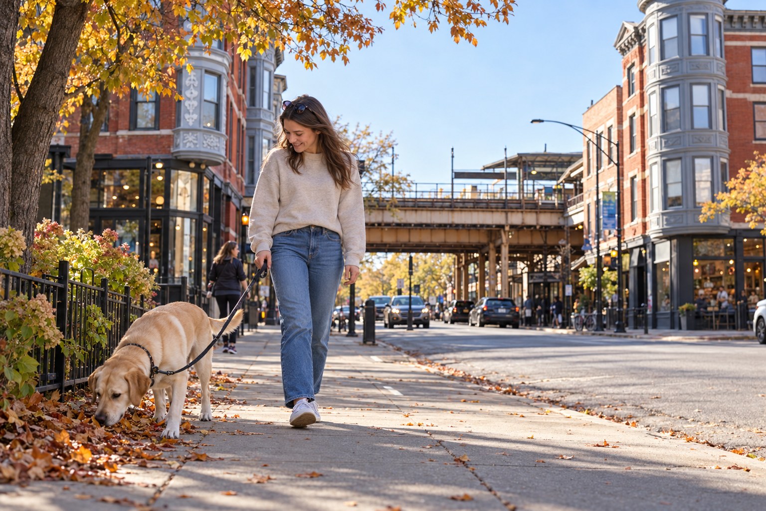 A woman in a sweatshirt walks a yellow Labrador along an autumn Lincoln Park sidewalk, with turreted brick buildings and the elevated tracks behind them.
