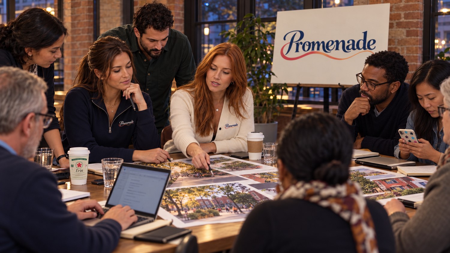 Erin and Margot around a table with neighborhood participants, wearing Promenade knitwear