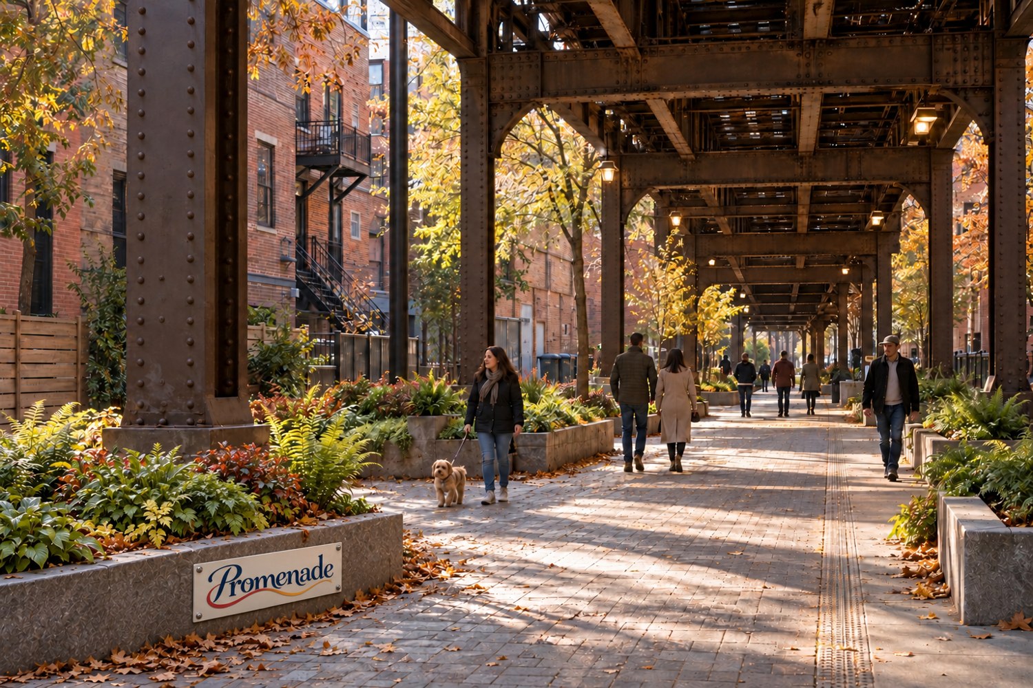 Planted walking-route design study beneath the L with Promenade plaque