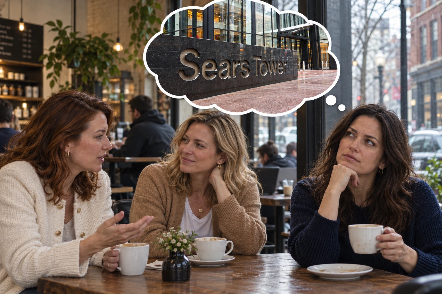 Caroline, Margot and Jill over coffee, with a Sears Tower sign in Caroline’s thought bubble.