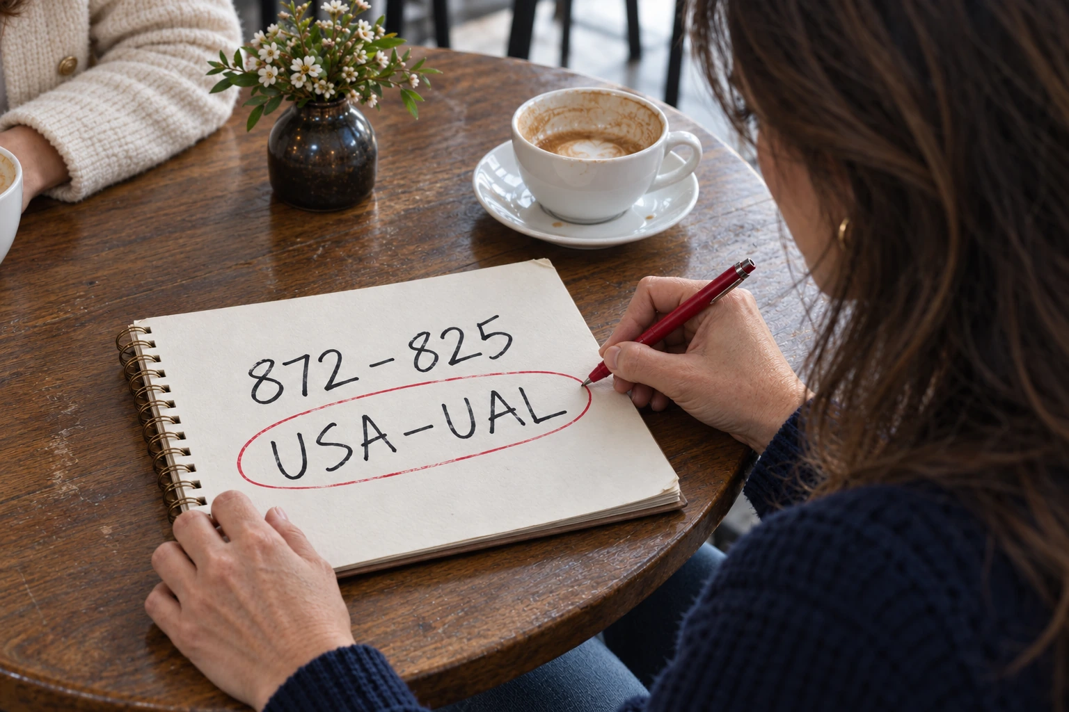 The digits 872-825 written above USA-UAL in a notebook at the coffee table.