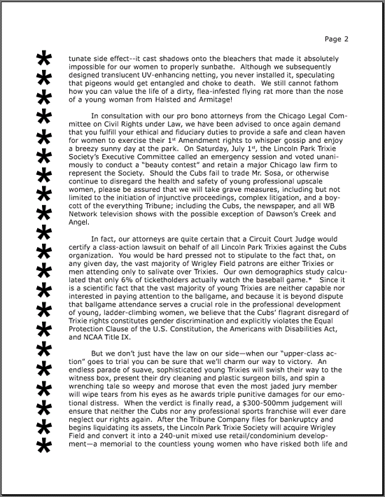 Letter to Cubs Management, page 2
