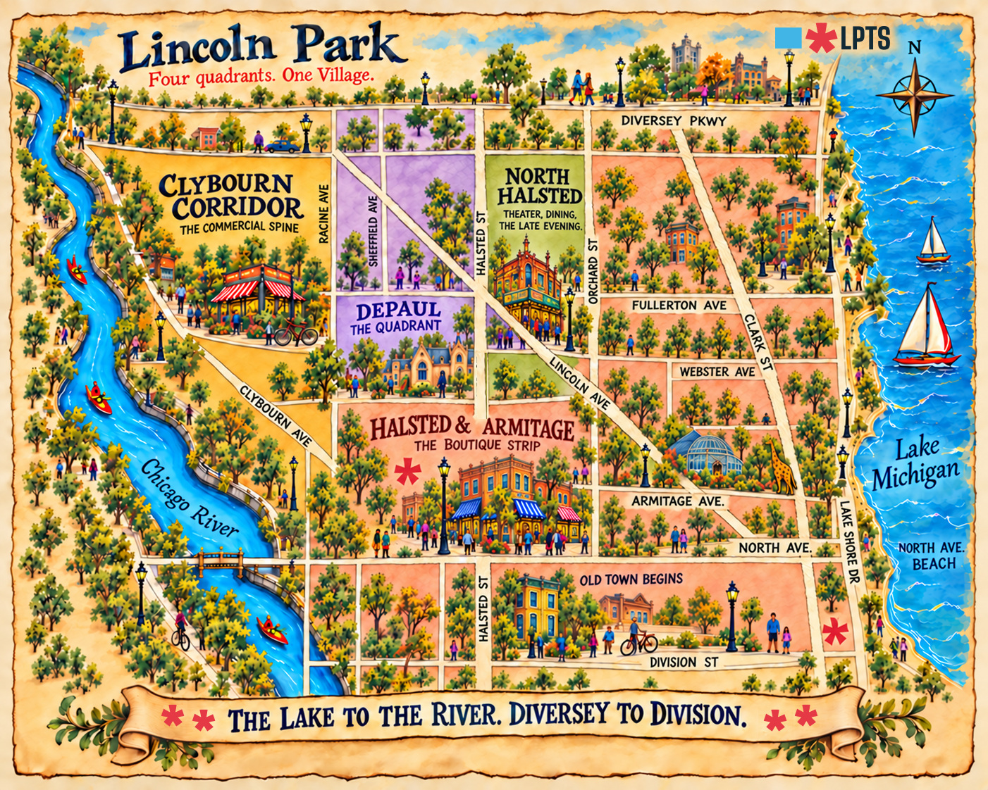 Illustrated Lincoln Park map: four quadrants between the Chicago River, Lake Michigan, Diversey and Division