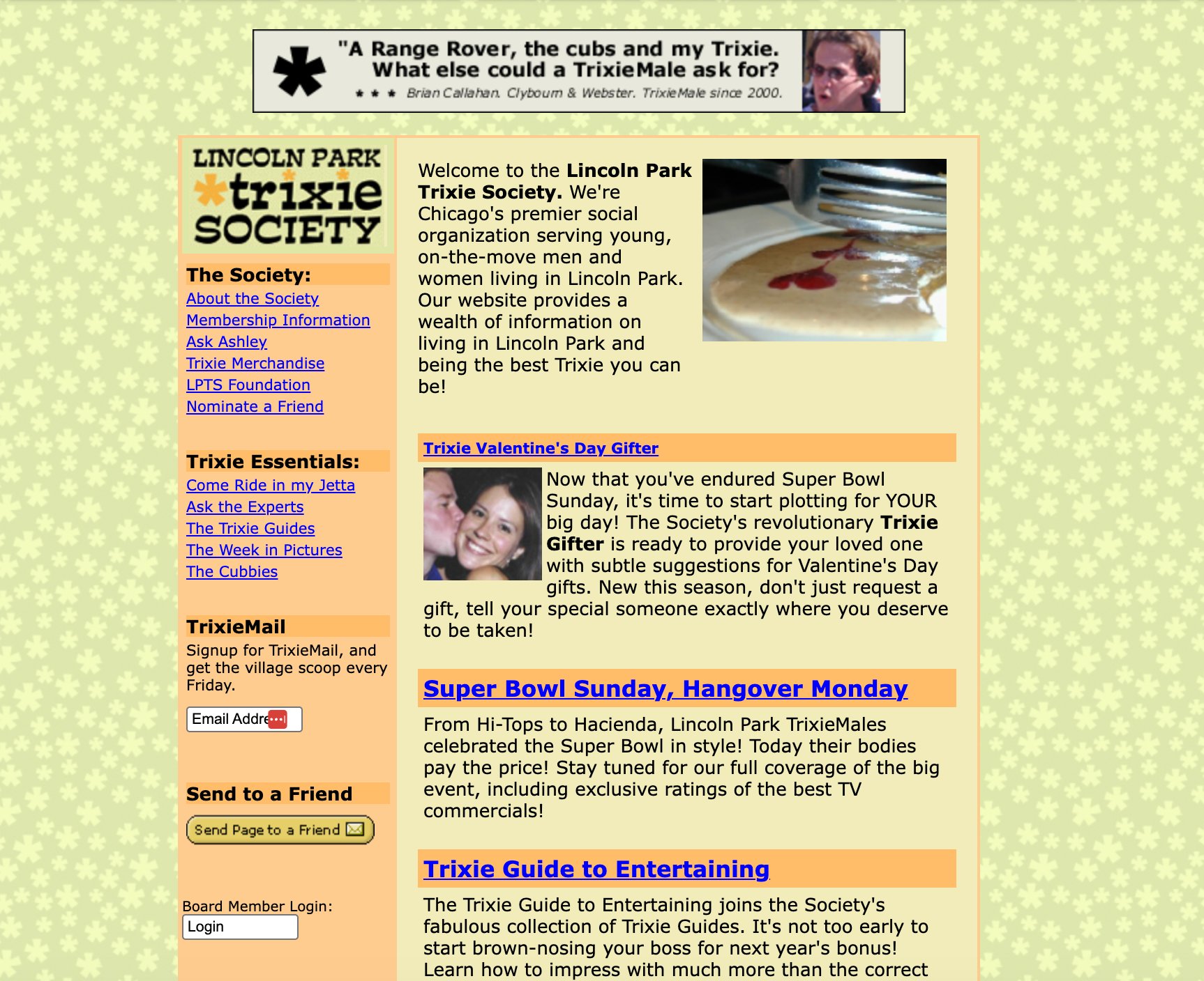 A screenshot of LPTrixie.com from the Society’s early-website period — yellow daisy-pattern background, stylized trixie SOCIETY wordmark, with a Brian Callahan TrixieMale banner ad above