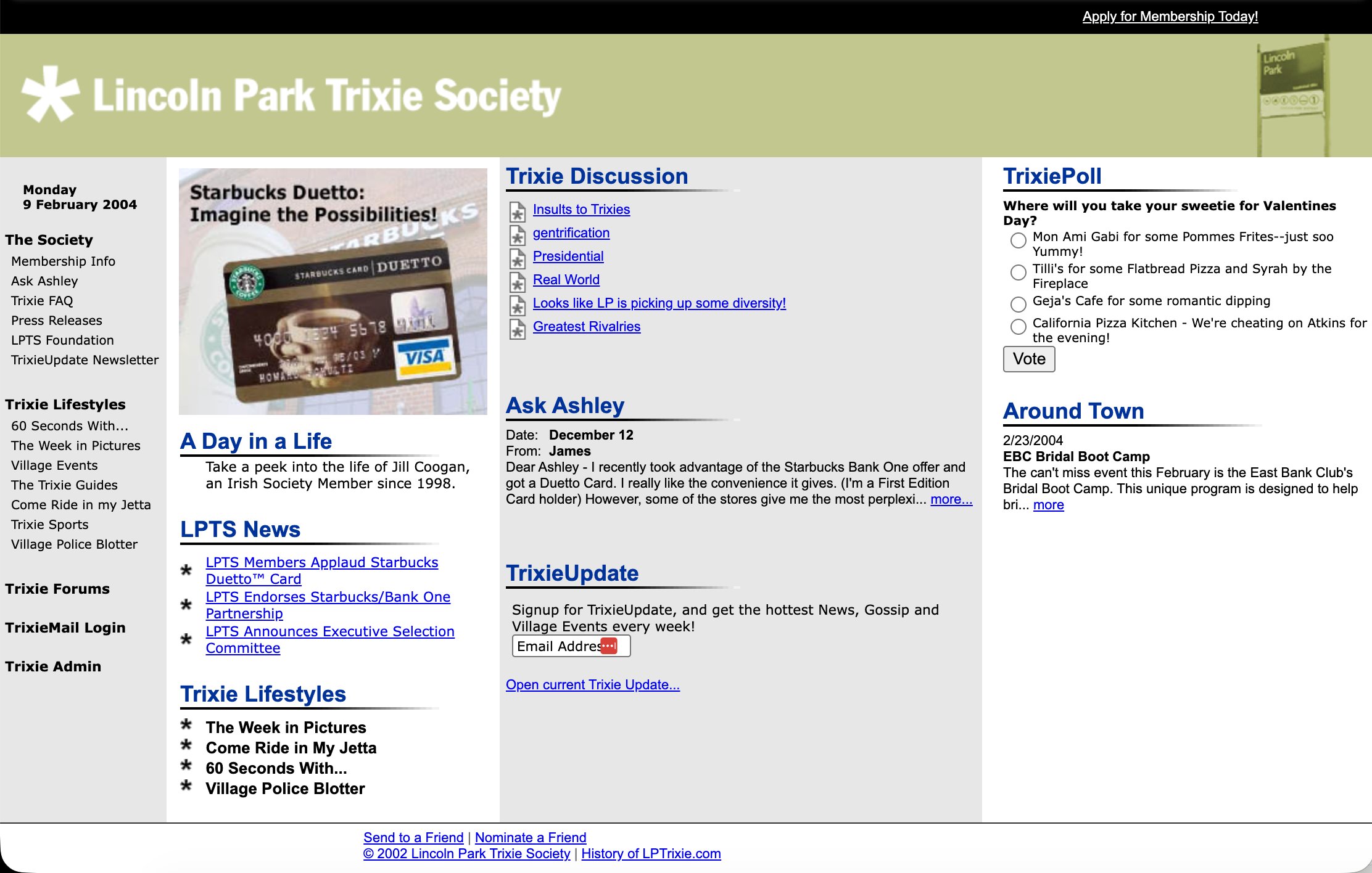 A screenshot of LPTrixie.com from the Society’s expansion period, with the asterisk-mark banner, four-column layout featuring Trixie Discussion, Ask Ashley, TrixiePoll, and Around Town