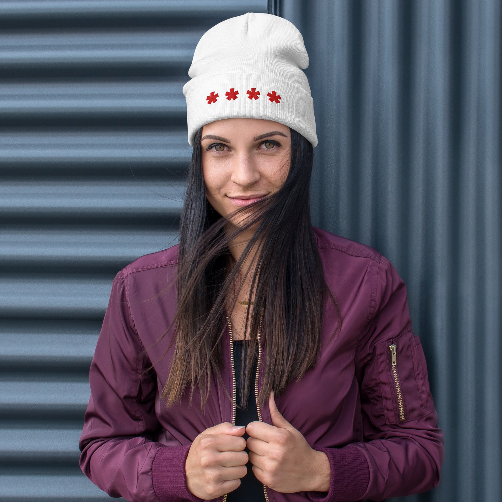 The Society Beanie — four embroidered red Trixie Stars across the cuff