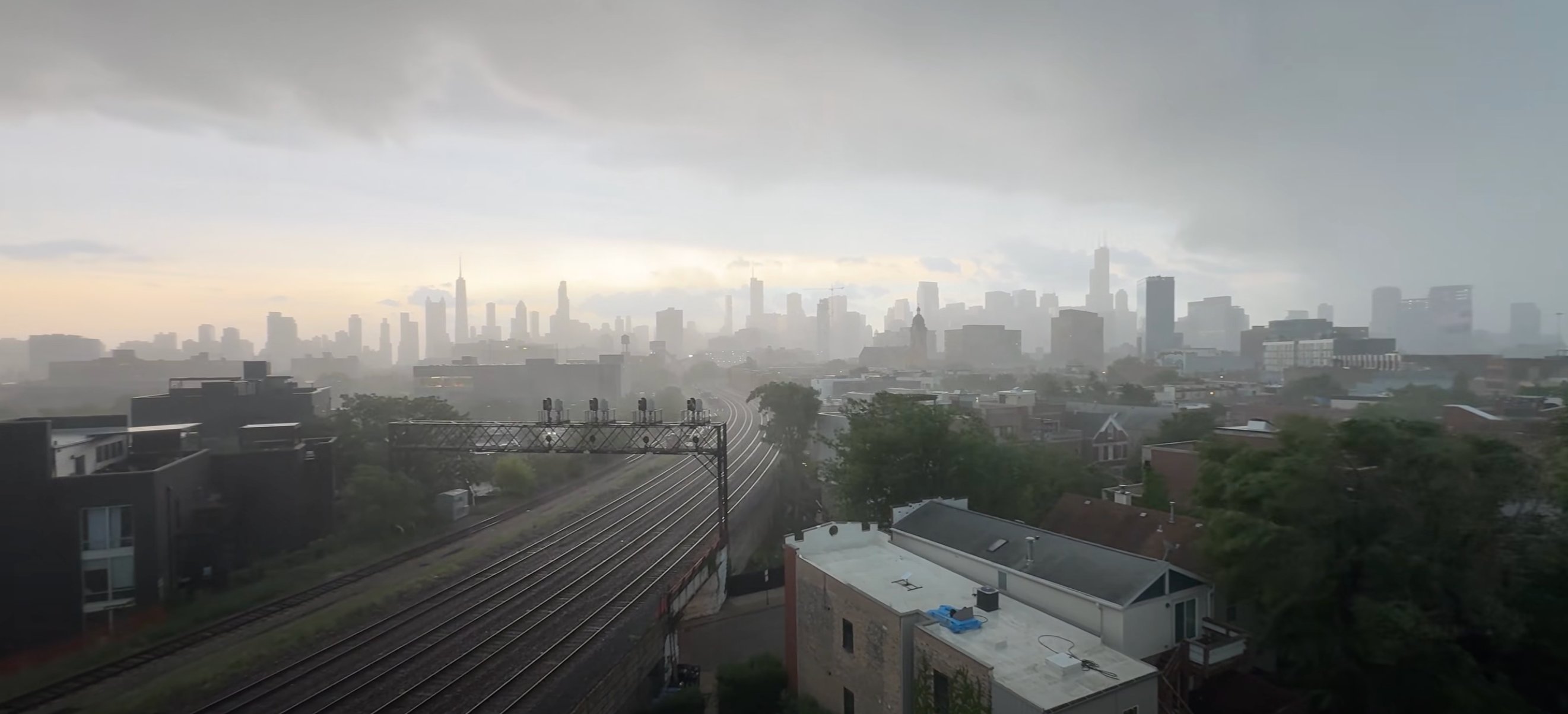 The Chicago skyline in storm haze