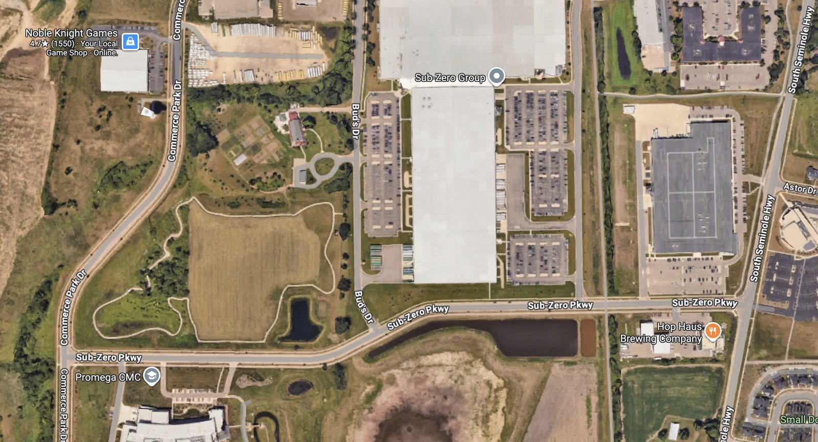 Overhead view of the Sub-Zero plant in Fitchburg, Wisconsin, with Sub-Zero Parkway running along the south edge.